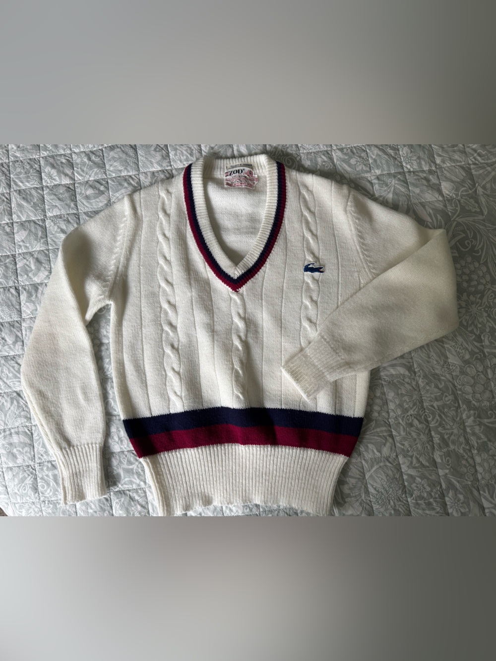 Vintage Lacoste Cream Cable-Knit V-Neck Sweater with Red & Navy Stripes